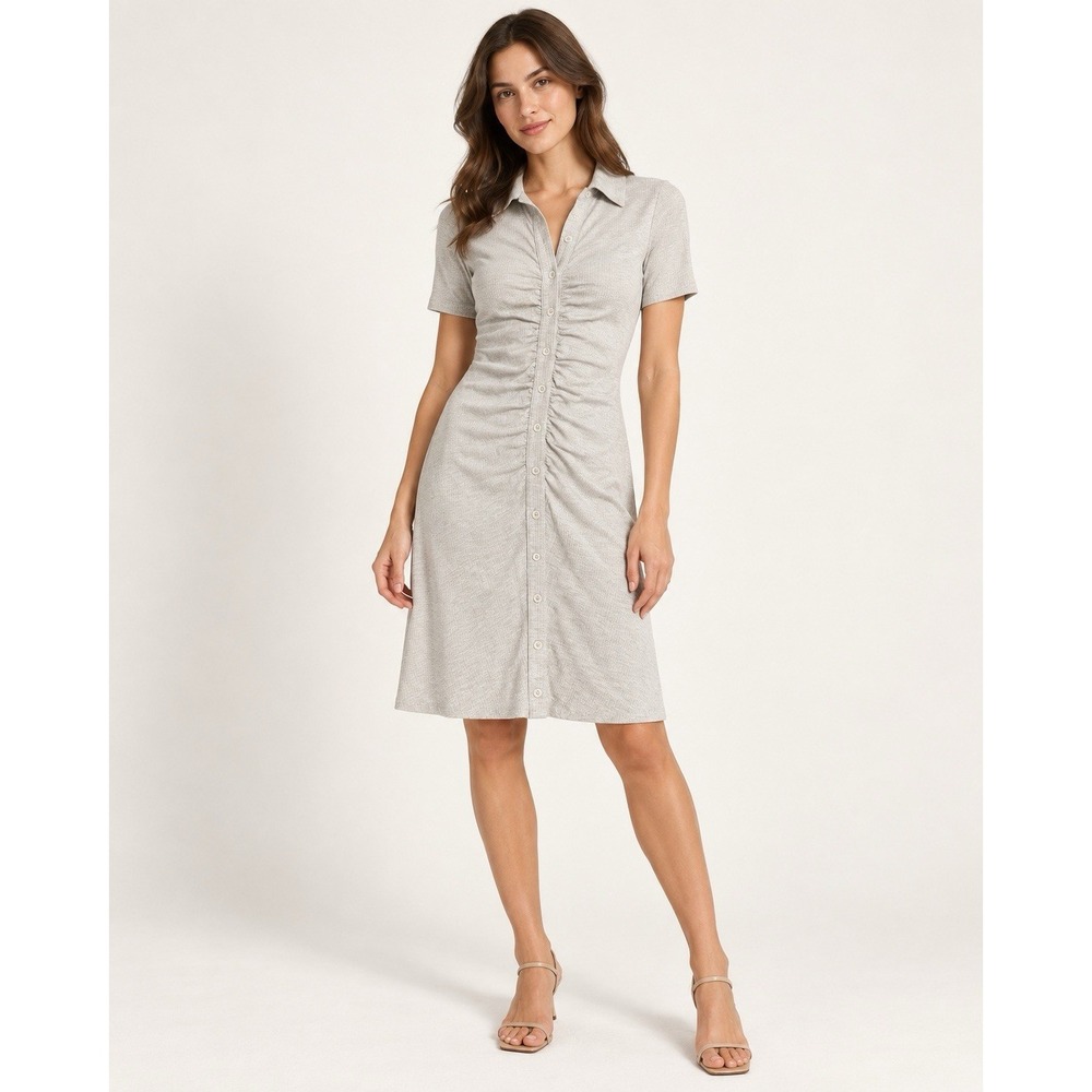 Reformation Dress S Lennon Ruched Button Up Ribbed Polo Collared Gray